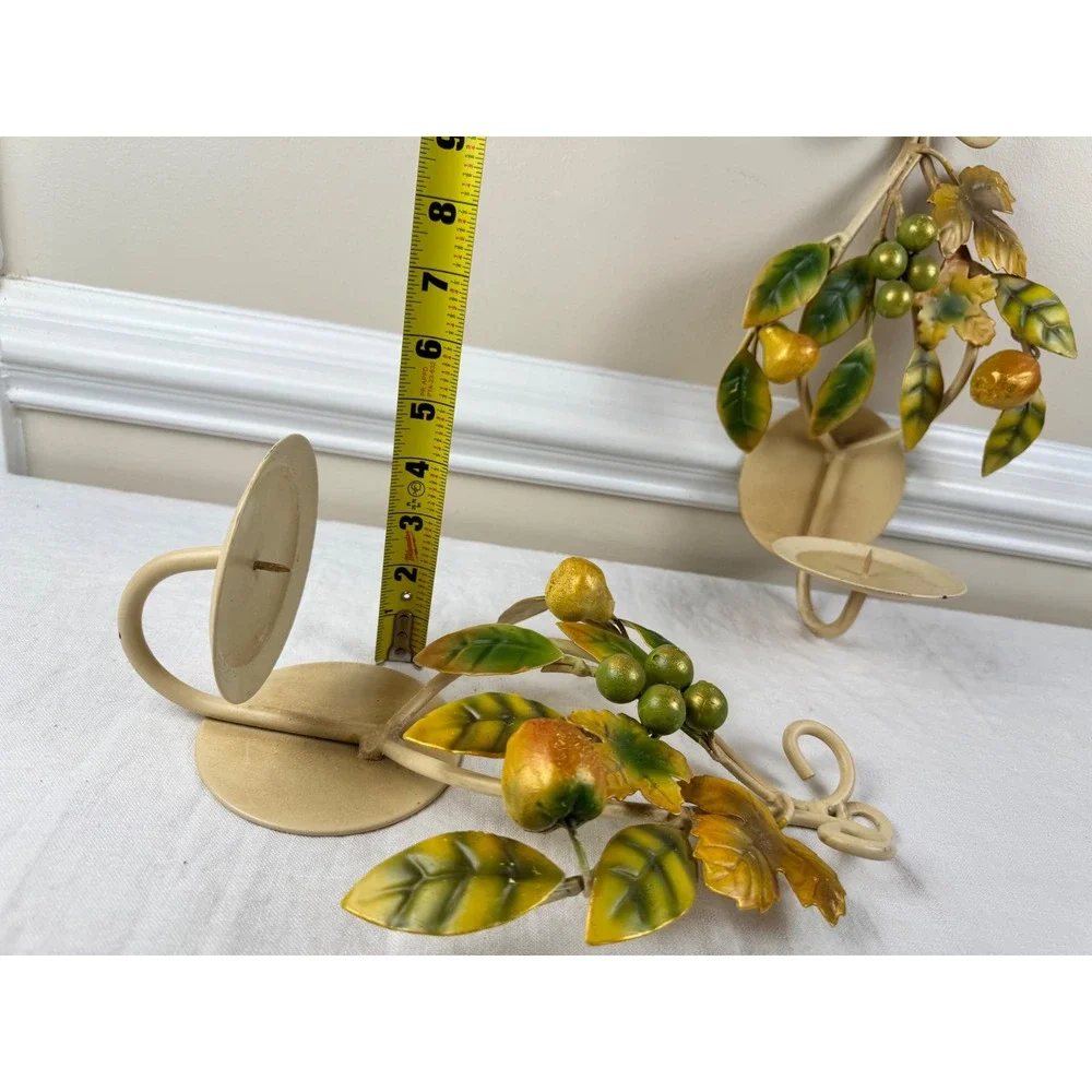 Vintage Italian Wall Sconce Set Cream Wrought Iron Pear Leaf Candle Holders